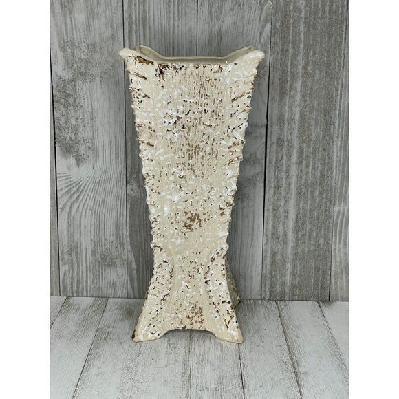 Vintage Savoy MCM Splatter Art Pottery Vase White & 24k Gold on Ivory - Picture 1 of 5